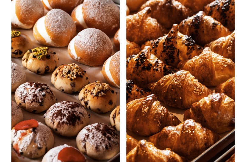 Artisan pastries and fresh croissants displayed in the breakfast buffet of a hotel in Rome for business and leisure guests - Moderno Hotel Rome, BZAR hotels in Rome